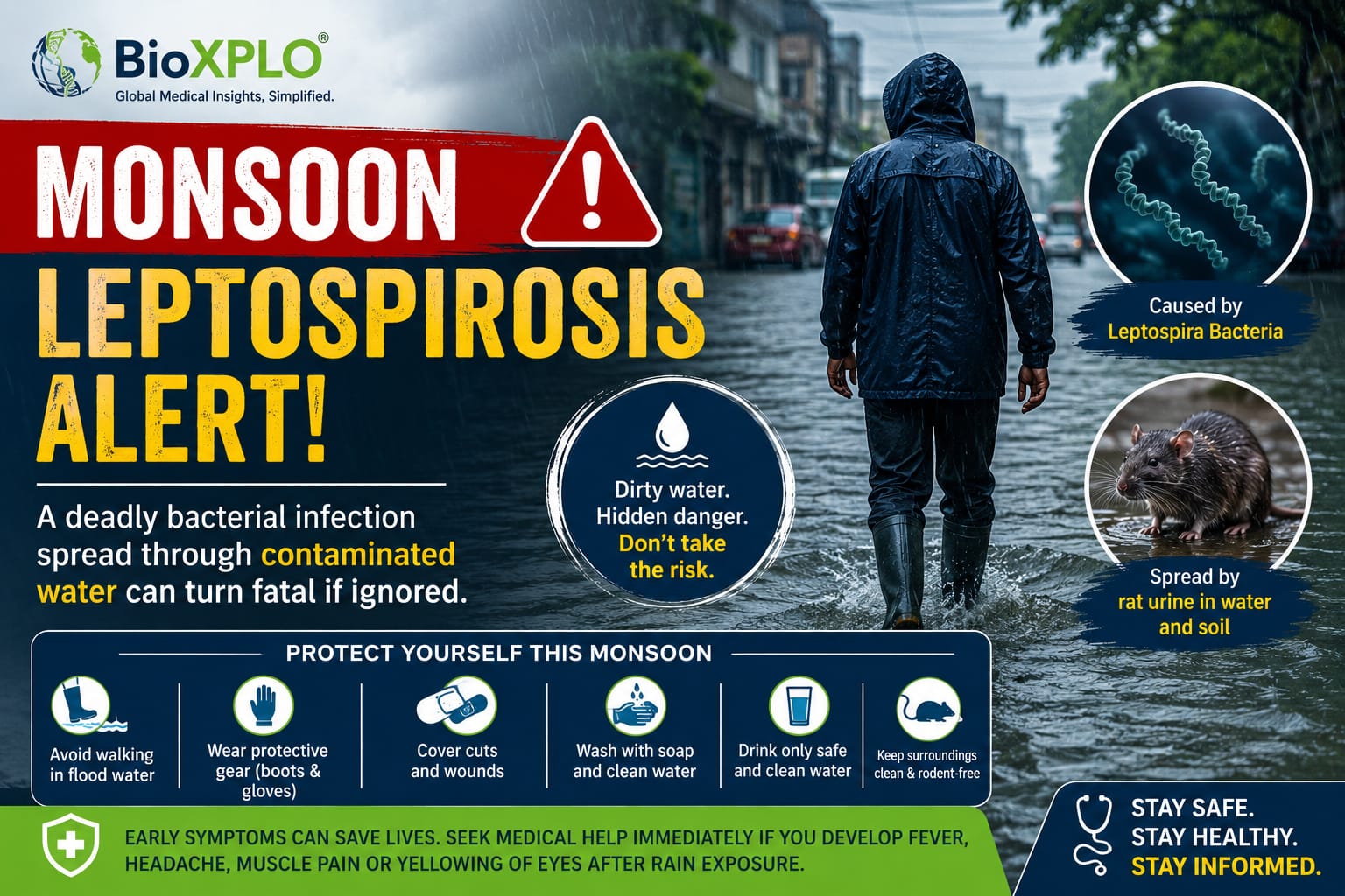 Monsoon Leptospirosis awareness banner showing a person walking through floodwater, Leptospira bacteria, a rat, and prevention tips to reduce the risk of bacterial infection during the rainy season.