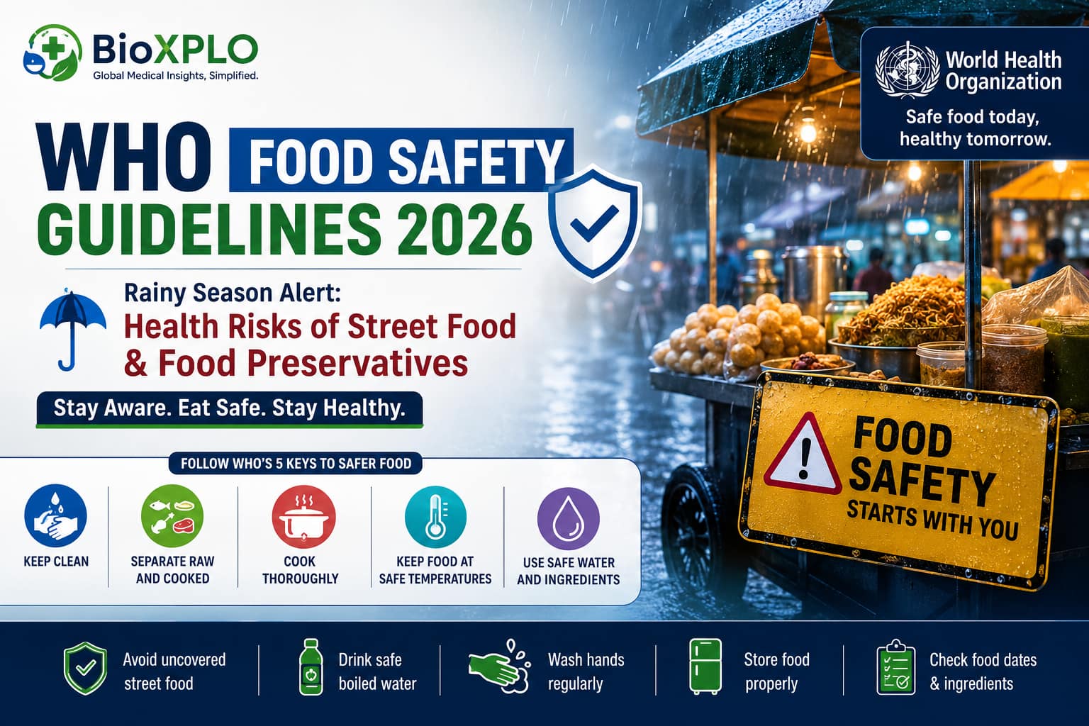 WHO Food Safety Guidelines 2026 infographic highlighting monsoon food safety, street food hygiene risks, food preservatives, and WHO's five keys to safer food with a rainy street food market background.