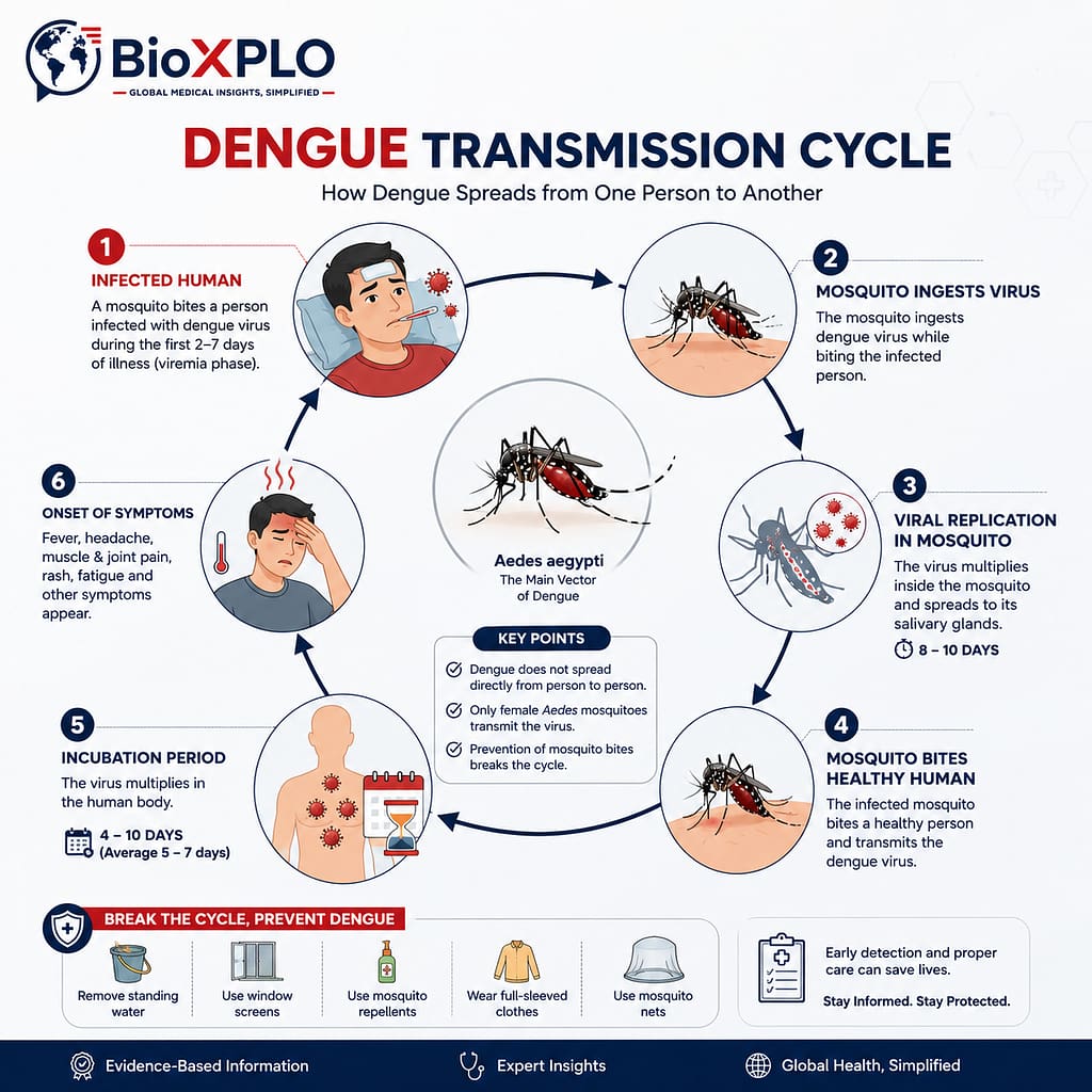 Illustrated infographic showing the dengue transmission cycle from an infected person to an Aedes mosquito, viral replication inside the mosquito, transmission to a healthy person, incubation period, and onset of dengue symptoms.