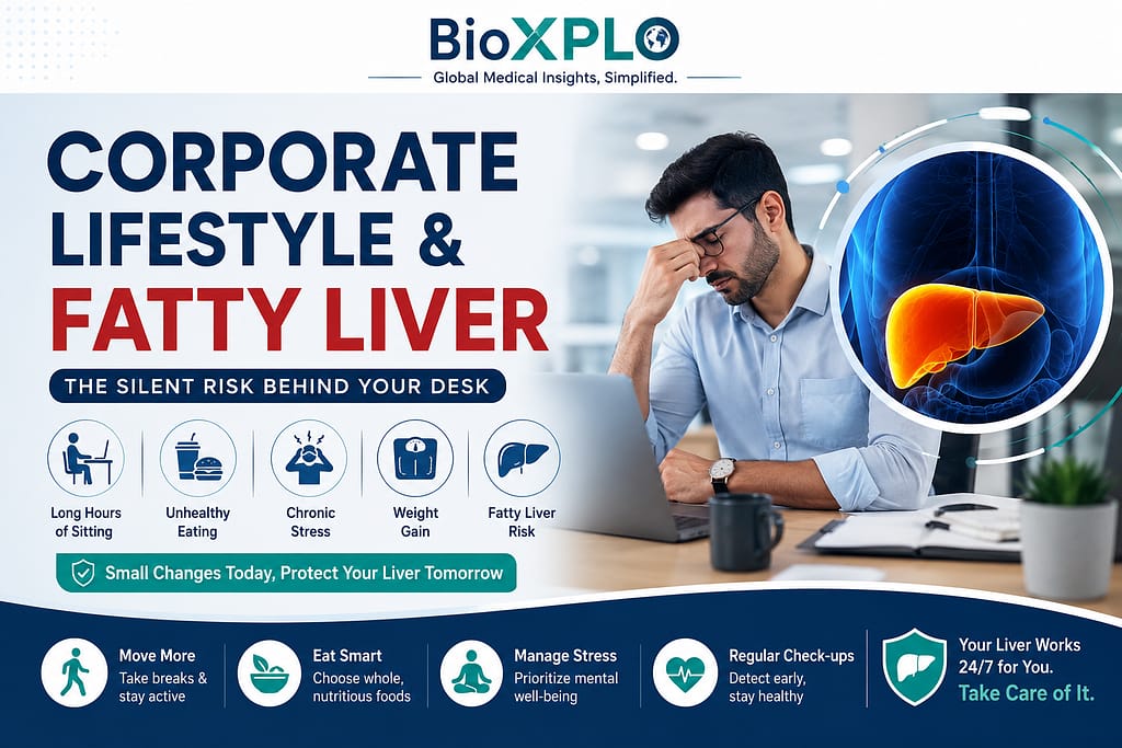Professional banner illustrating the link between corporate lifestyle and fatty liver disease, featuring an office employee experiencing fatigue alongside a medical illustration of the liver, highlighting sedentary work, unhealthy eating, stress, and preventive liver health measures.