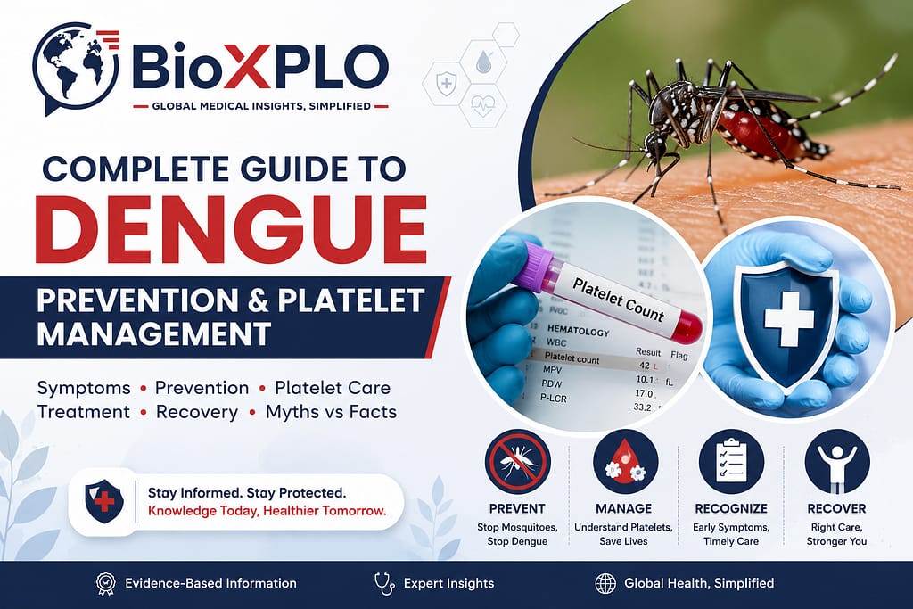 Professional medical banner featuring an Aedes mosquito, platelet blood sample, healthcare shield, and the title "Complete Guide to Dengue Prevention & Platelet Management" with the BioXPLO logo.
