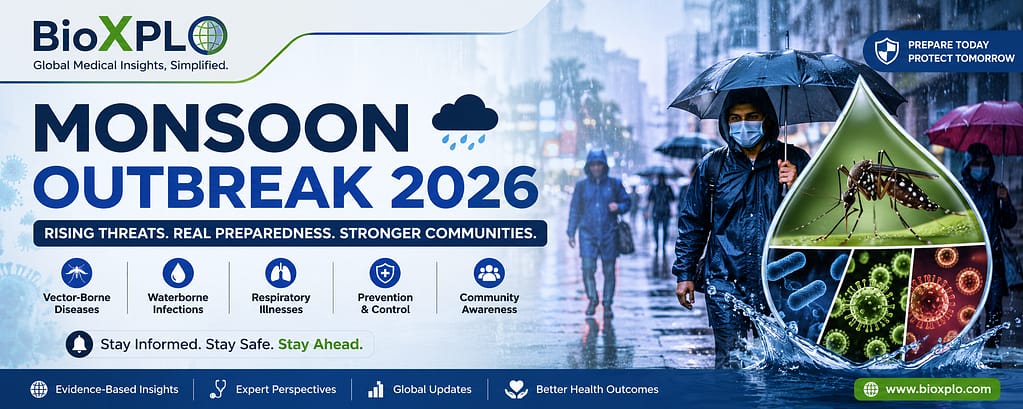 Illustration of Monsoon Outbreak 2026 showing rainy urban conditions, mosquito-borne diseases, respiratory infections, waterborne illnesses, and public health preparedness.