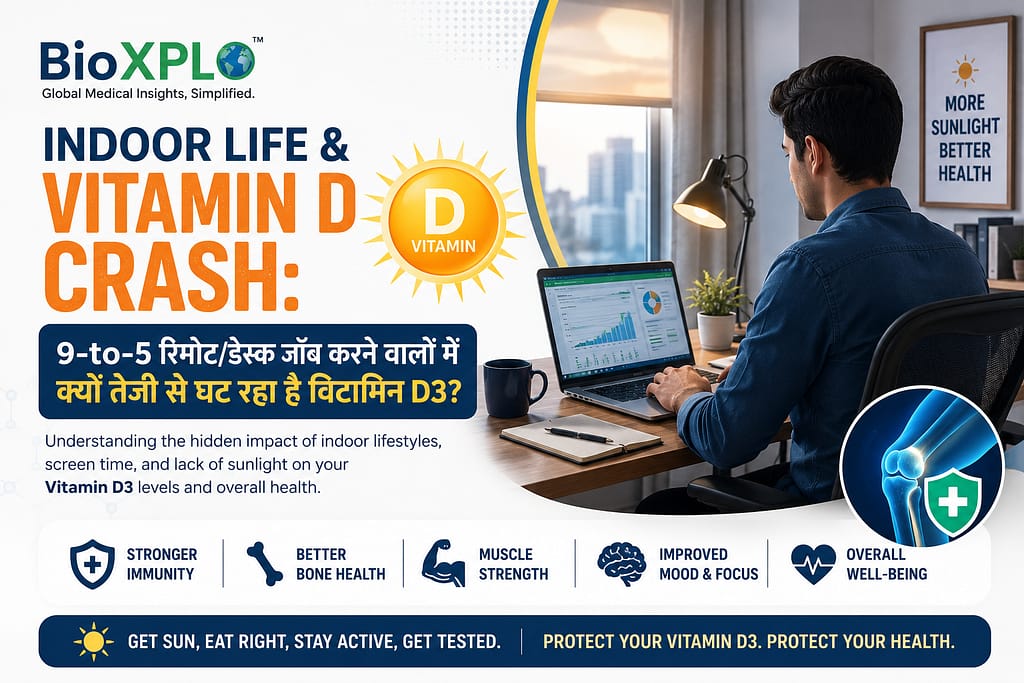 Professional illustration of a remote office worker at a desk highlighting Vitamin D3 deficiency caused by prolonged indoor lifestyles, limited sunlight exposure, and sedentary work habits.