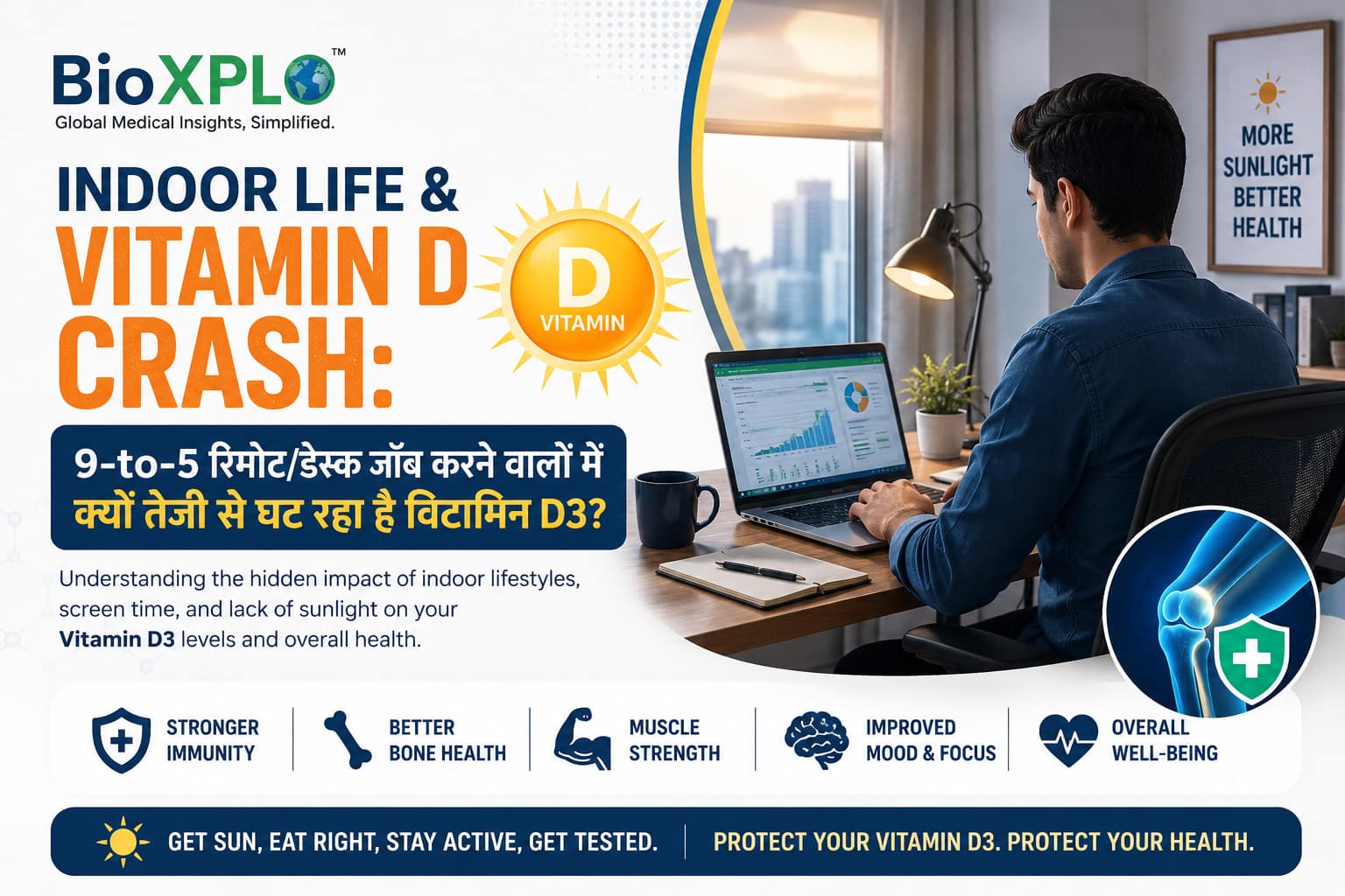 Professional illustration of a remote office worker at a desk highlighting Vitamin D3 deficiency caused by prolonged indoor lifestyles, limited sunlight exposure, and sedentary work habits.