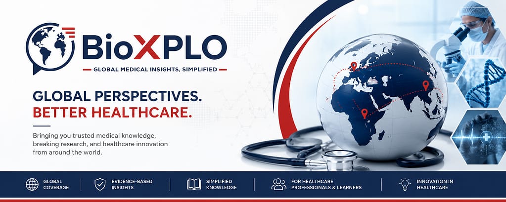 BioXPLO healthcare website banner featuring the official logo, global medical research, healthcare innovation, evidence-based medicine, and worldwide medical knowledge.