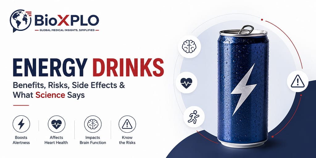 BioXPLO infographic banner explaining energy drink benefits, health risks, side effects, caffeine effects, and scientific facts.