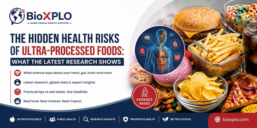 The Hidden Health Risks of Ultra-Processed Foods article banner featuring fast food, sugary snacks, and a medical illustration highlighting the effects of ultra-processed foods on the heart, brain, and gut.