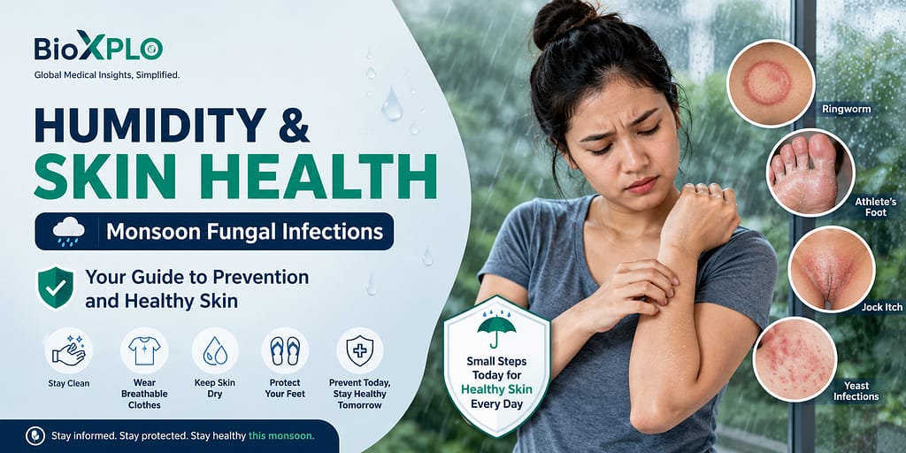 Professional infographic on humidity and skin health explaining how to prevent fungal infections during the monsoon season, including ringworm, athlete's foot, jock itch, and healthy skincare tips.