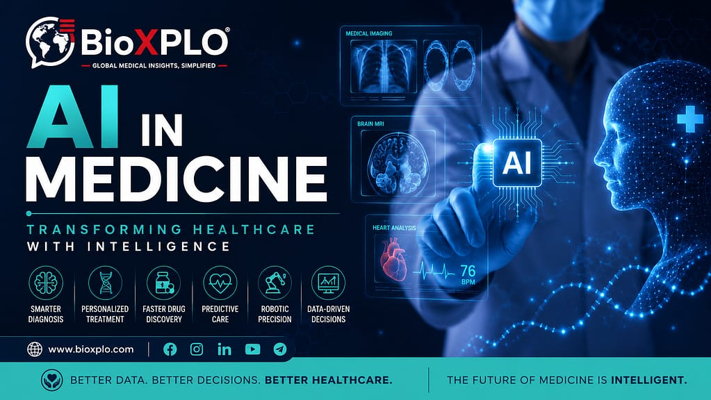 AI in Medicine: Transforming Healthcare with Intelligence BioXPLO featured banner illustrating Artificial Intelligence in Medicine with a healthcare professional using AI-powered medical imaging, brain analysis, predictive diagnostics, robotic precision, and digital healthcare technologies.
