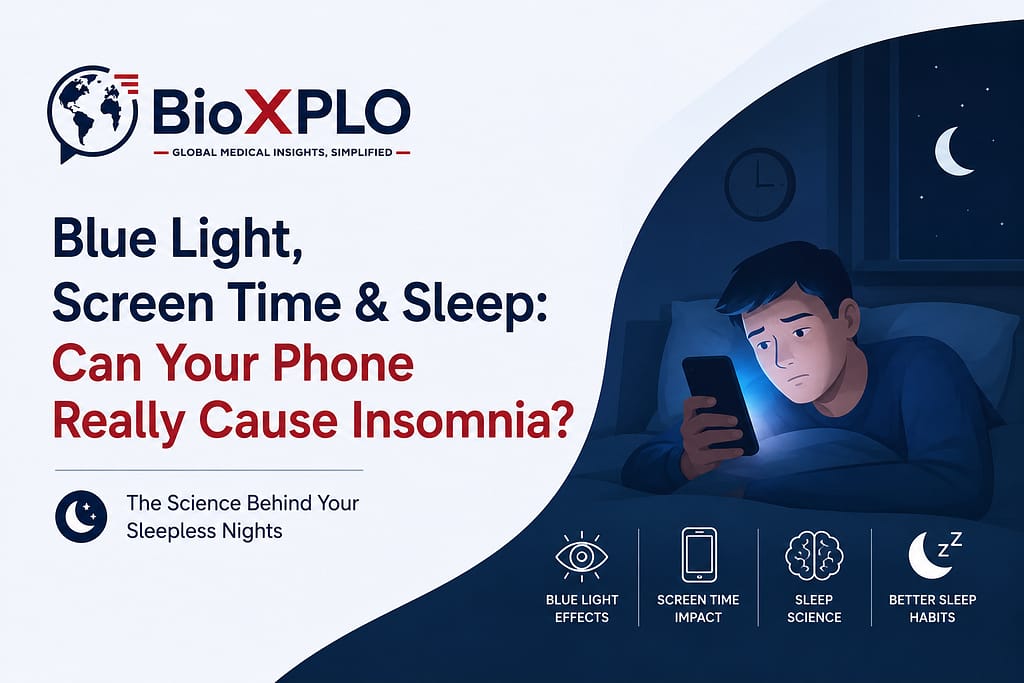 Illustration of a person using a smartphone at night, highlighting the effects of blue light and screen time on sleep quality and insomnia.