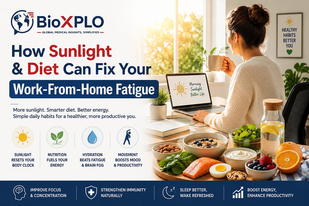 Professional healthcare banner showing a remote worker benefiting from morning sunlight and a healthy diet to reduce work-from-home fatigue, featuring the BioXPLO logo.
