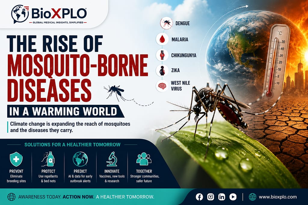 Mosquito-Borne Diseases in a Warming World | BioXPLO Illustration of a mosquito against a warming Earth with a rising thermometer, highlighting the global spread of mosquito-borne diseases including dengue, malaria, chikungunya, Zika, and West Nile virus due to climate change and environmental changes.