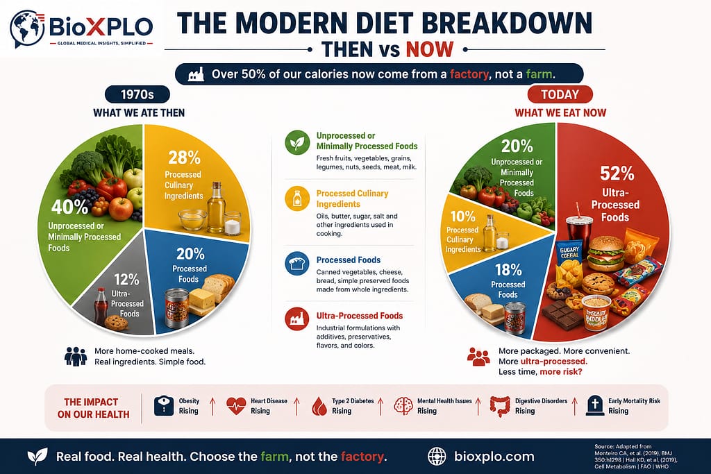 Infographic comparing the average diet in the 1970s with today's diet, showing the increase in ultra-processed foods and decline in minimally processed foods.
