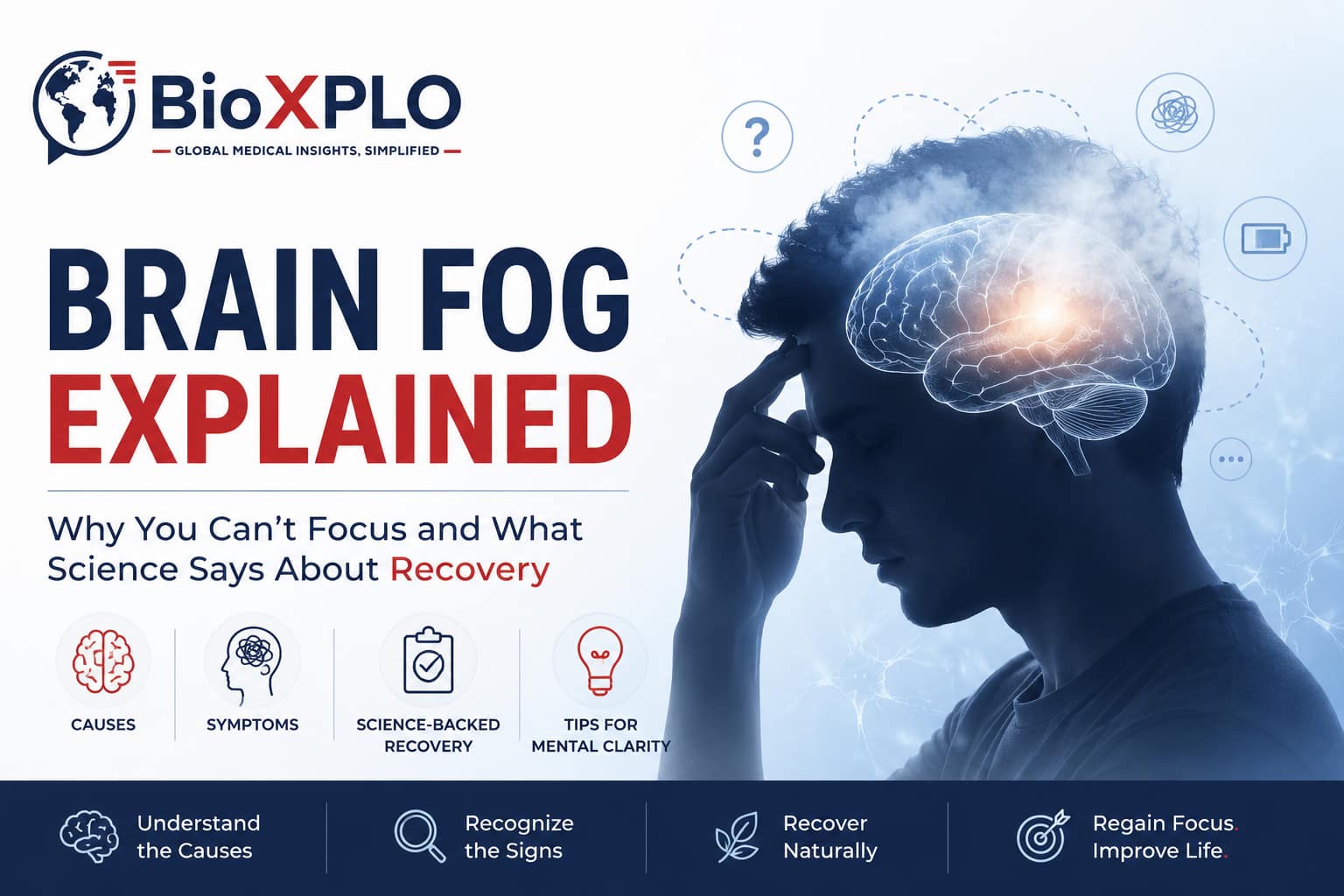 Brain Fog Explained banner showing a stressed individual with a highlighted brain illustration, featuring BioXPLO branding and science-backed insights on causes, symptoms, and recovery strategies for improved focus and mental clarity.