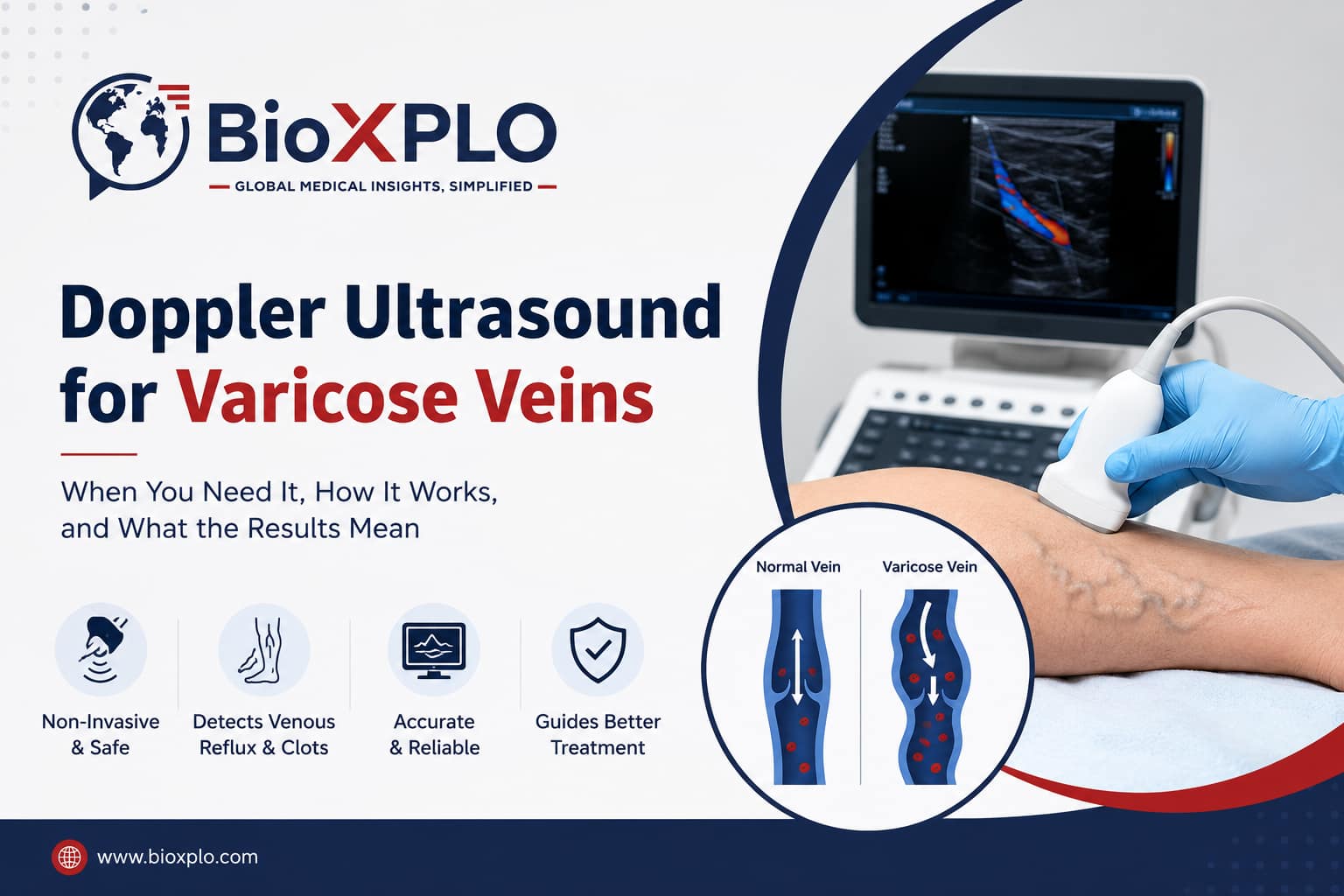 Doppler ultrasound for varicose veins showing a vascular ultrasound scan used to detect venous reflux, blood clots, and poor blood flow in leg veins.