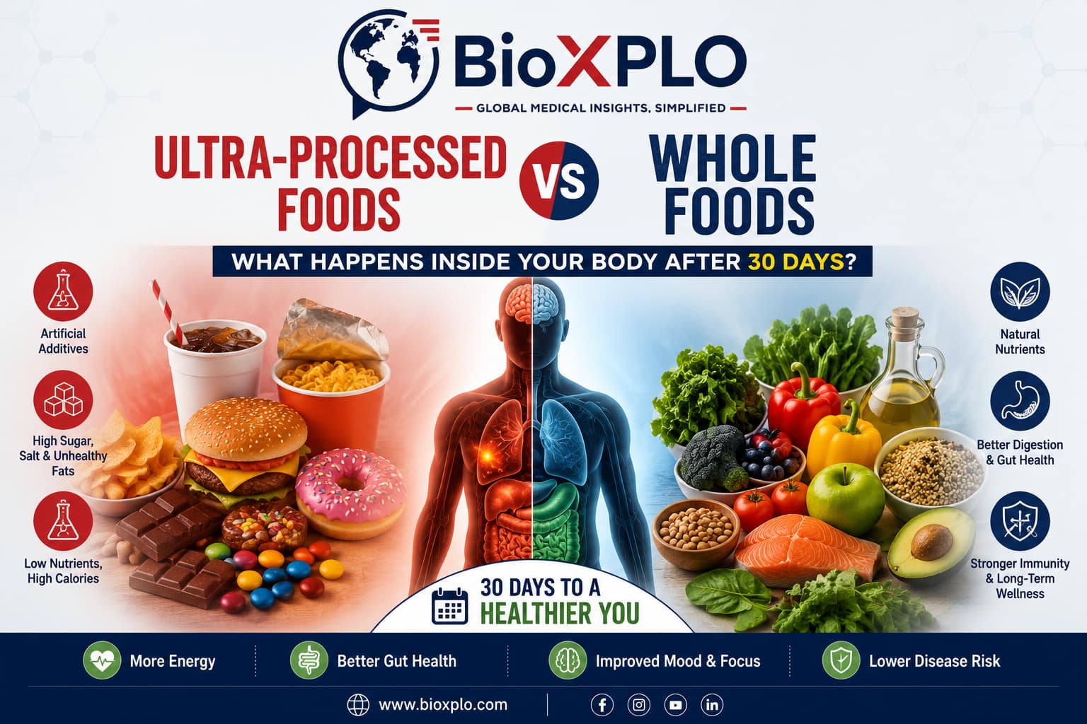 Comparison infographic showing ultra-processed foods versus whole foods and the health changes that occur inside the body after 30 days, featuring the BioXPLO logo.