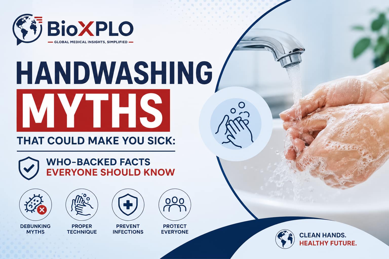 Professional BioXPLO banner illustrating proper handwashing under running water with the title "Handwashing Myths That Could Make You Sick: WHO-Backed Facts Everyone Should Know."