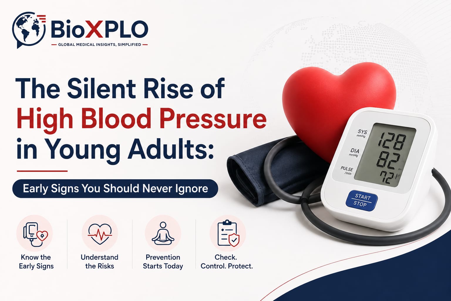 Minimal BioXPLO banner illustrating the silent rise of high blood pressure in young adults with a digital blood pressure monitor and heart, highlighting early warning signs of hypertension.