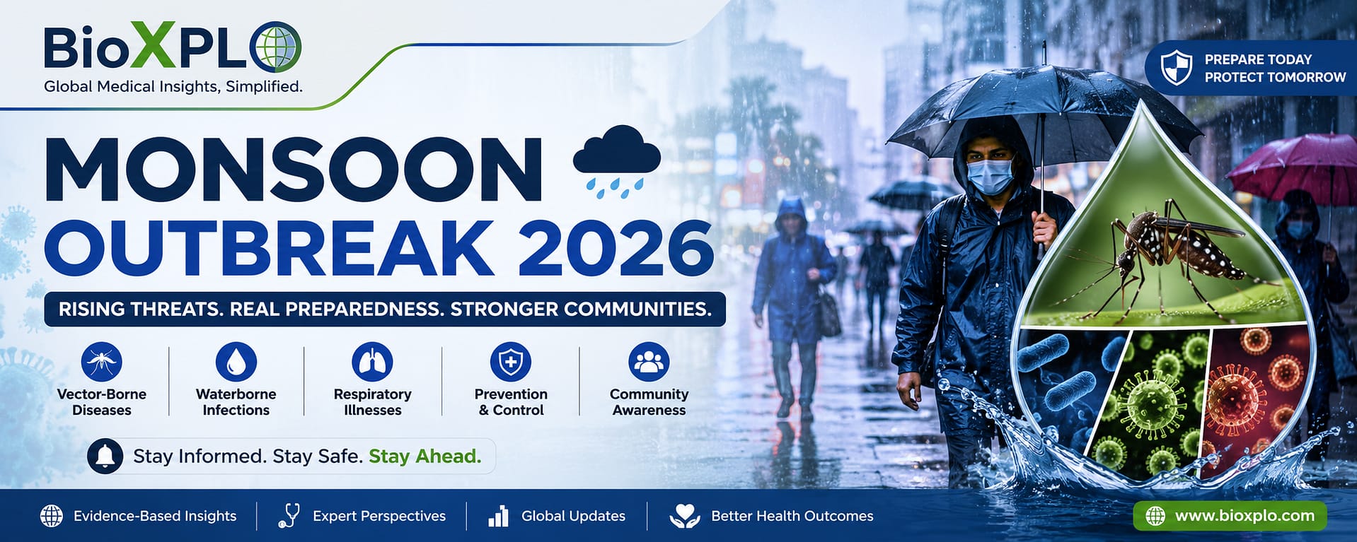 Illustration of Monsoon Outbreak 2026 showing rainy urban conditions, mosquito-borne diseases, respiratory infections, waterborne illnesses, and public health preparedness.